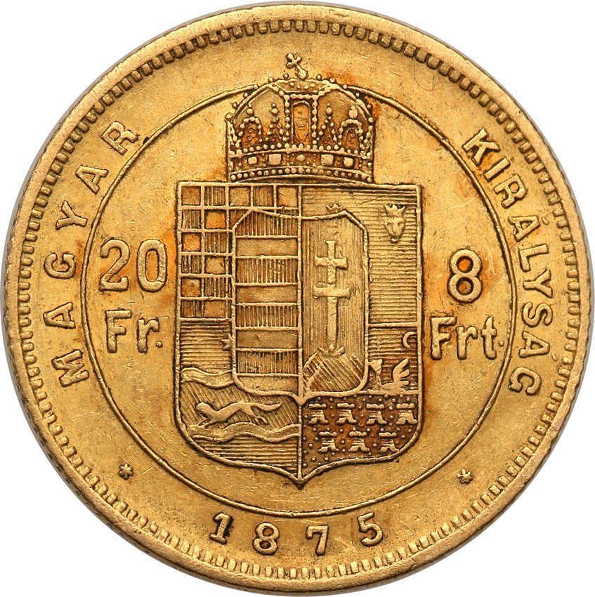 Węgry 20 franków = 8 Forint 1875 st.3+